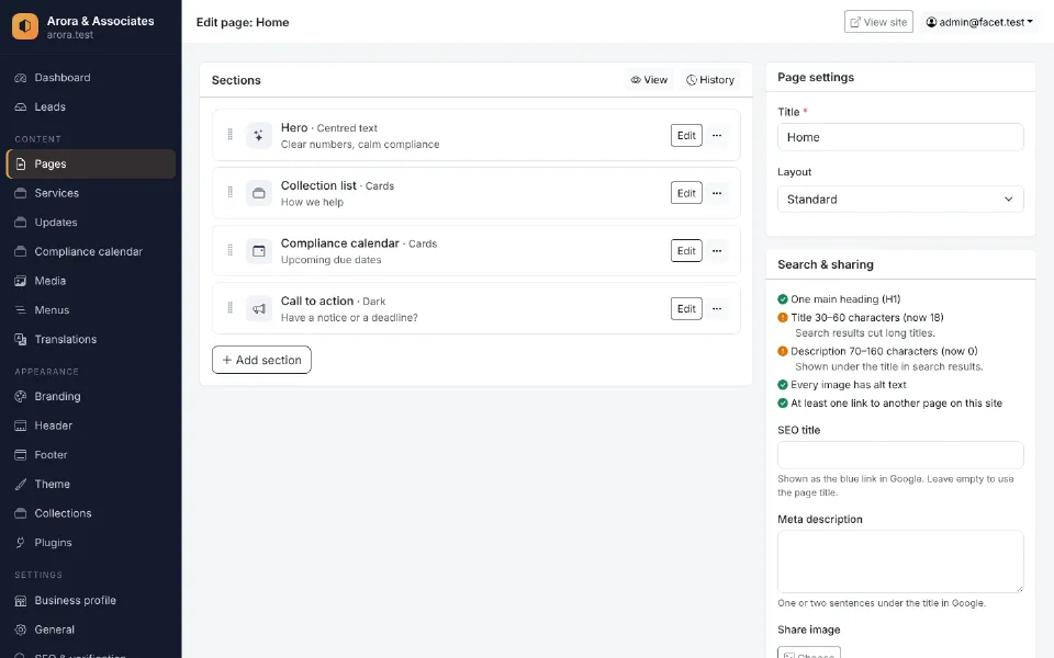 Facet admin: editing a page made of sections